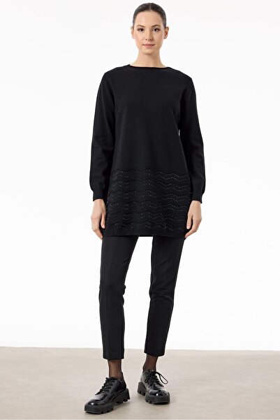 Tığ Triko Etek Ucu Taş Detaylı Triko Tunik SİYAH