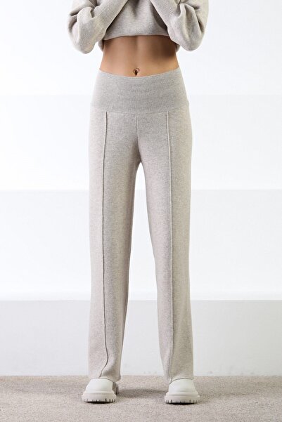 Ferraro A.Beige Wide Leg Cashmere High Waist Stripe Detail Women's Knitwear Pants