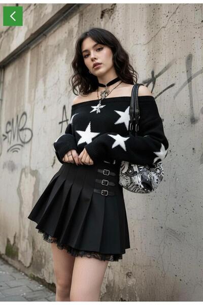 İsra Ayyıldız Moonstar Collection Siyah Stars Askılı Y2K Vintage Triko Kazak