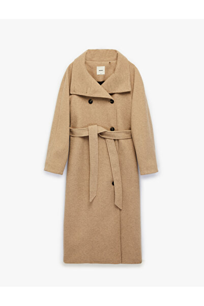 Koton Long Sleeve Pocketed Double-Breasted Mock Neck Belted Long Cashmere Coat