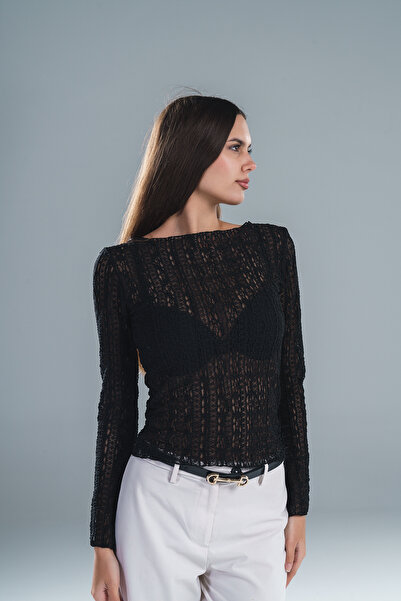 Paw Garage Women's Knitted Lace Fabric Crew Neck Spanish Sleeve Blouse