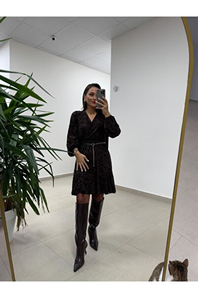 caddstore Mc 5586 A.Kahve Floklu Kruvaze Elbise