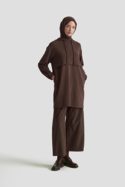 Armine TREND Kapüşonlu Yandan Cepli Kolları Lastikli Fitilli Tunik Kahverengi...
