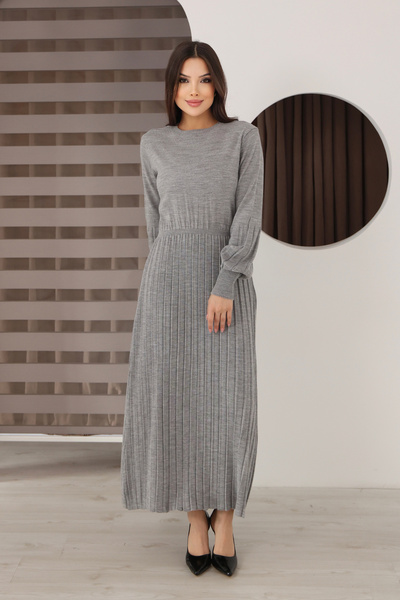 ALCHON Round Neck Long Sleeve Elastic Waist Pleated Ankle Length Slim Stylish Knit Dress