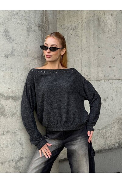 cemo Delikli Kenarlı Omuzları Açık Uzun Kollu Sweatshirt