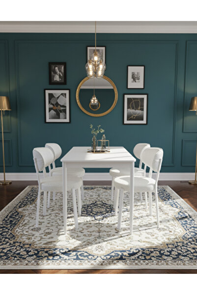 DİLETTO 70x110 YEMEK MASA TAKIMI MUTFAK MASASI 4 KİŞİLİK MASA SANDALYE TAKIMI DÜZ BEYAZ MASA- KREM RENK