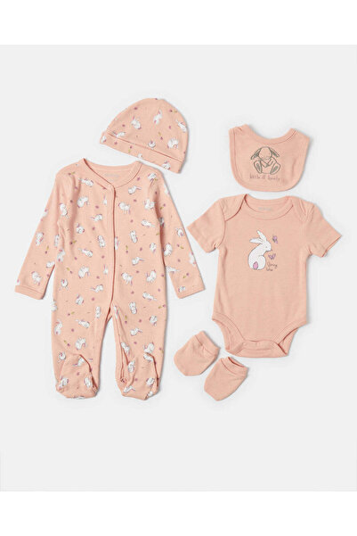REDTAG Baby 5Pcs Set Of Grower, Bodysuit, Bib, Hat And Mittens