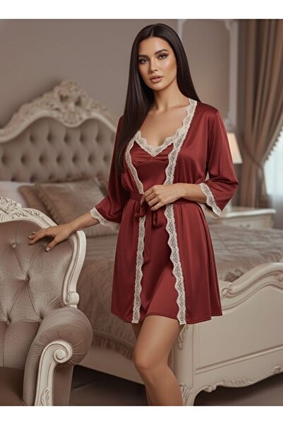 Cute Wine Red Satin Lace Robe Set for Women – Short Robe with Matching Slip