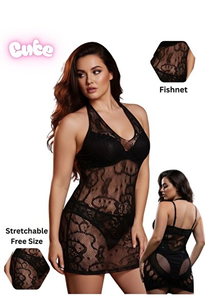 Cute Black Fishnet Halter Neck Lingerie Dress – Stretchable Mesh Bodycon