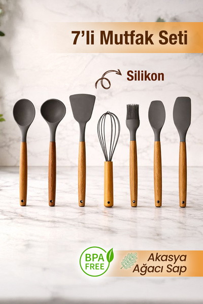 naturelove 7'li Servis Seti - Akasya Saplı Isıya Dayanıklı Silikon Kaşık Kepç...