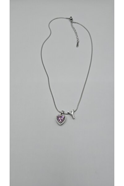 NO NAME Zirkon Taşlı Çelik Kalp Detaylı Gümüş Renk-Y- Harfi Kolye