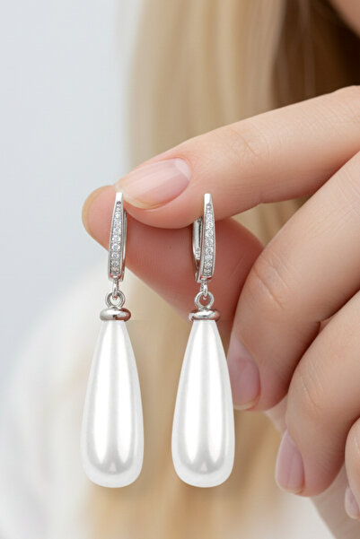mefshop 925 Ayar Gümüş Sallantılı Uzun Damla Beyaz Mayorka İnci Taşlı Kadın K...