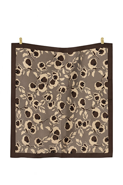 AGAPI Floral Patterned Satin Scarf 50X50 cm |   Stylish Women's Bandana in Brown and Gray Tones