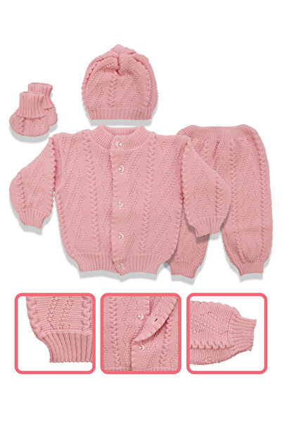 bebegen طقم تريكو للأطفال من قبعة وقفازات شتوية باللون الوردي (0-6 أشهر)
