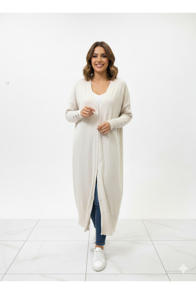 CELTMODA Women's Buttoned Long Mercerized Cardigan - Ecru