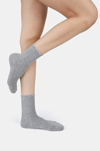 ERENART Bamboo Women's Elastic-Free Gray Ruffled Socket Stitch-Free Premium S...