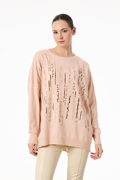 Tığ Triko Dikine Şerit Payetli Triko Tunik PEMBE