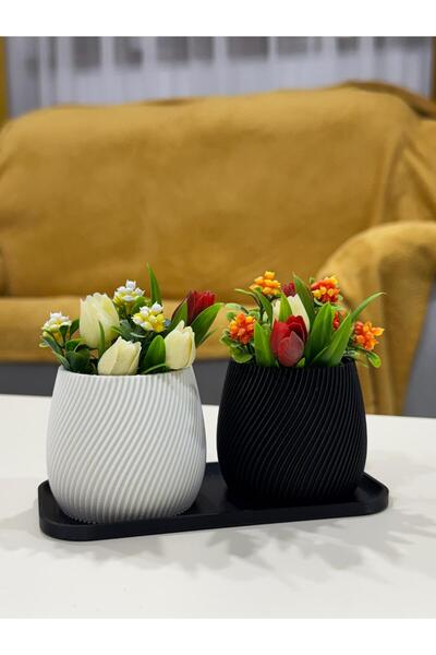 BTR Store Set decorativ 2 ghivece flori artificiale cu tava, alb-negru, plastic