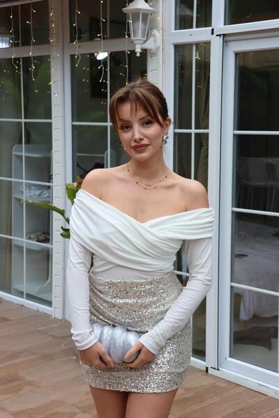 BAŞARAN تنورة قصيرة من الترتر على شكل ضوء القمر