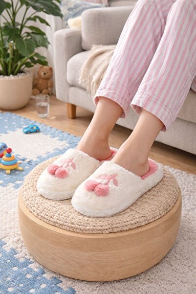 Platana Cherry Patterned White Comfortable Home Slippers