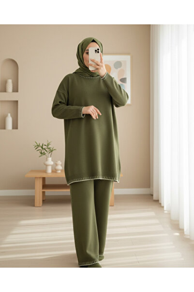 Modamorfo Round Neck Trim Embroidery Detailed Knitwear Set - Khaki