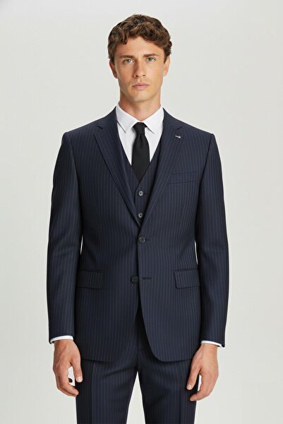 Sabri Özel Lacivert Slim Fit Çizgili Mono Yaka Yelekli Takım Elbise