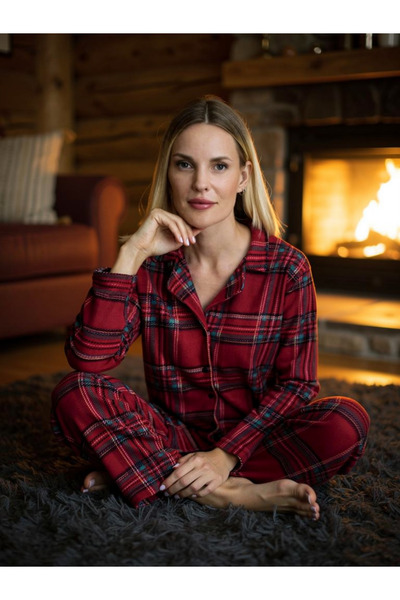 NOCHES PYJAMAS Women's Fleece Plaid Red Pajama Set