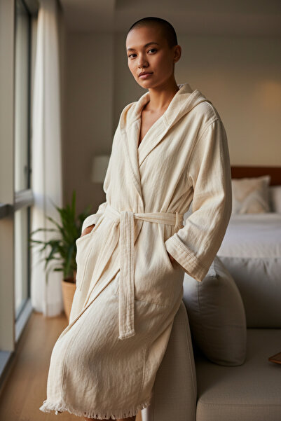 DNRYSL رداء حمام ناعم من 4 طبقات من الموسلين، قطن عضوي بغطاء رأس رداء حمام للشاطئ والحمام، إيكرو طبيعي