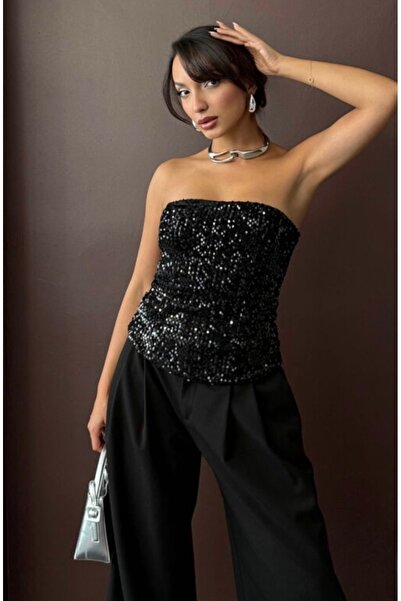 TOPSHOW Back Zipper Detail Sequin Strapless