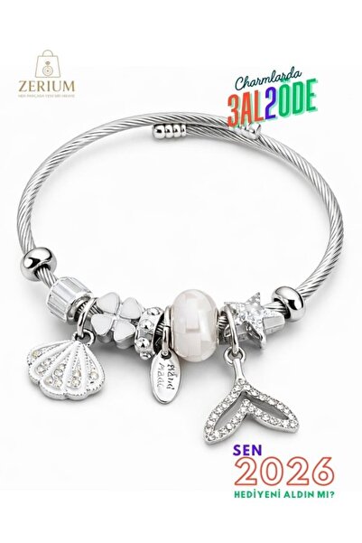 ZERİUM Modern Çelik Şık Kadın Charm Bileklik Deniz Kabuğu ve Balık Kuyruğu