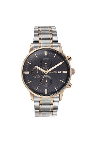 SONATA 77145KM01 Men’s Watch – Multifunction Black Dial, Two-Tone Stainless S...