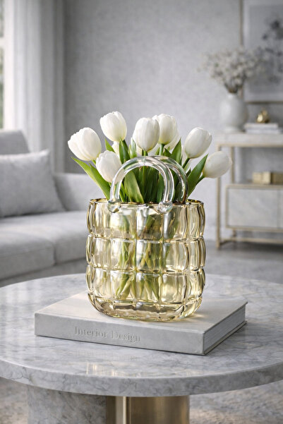 MİS KİTCHEN Amber Cam Çanta Vazo Kare Dokulu Dekoratif Vazo (Çiçekler Dahil Değildir)