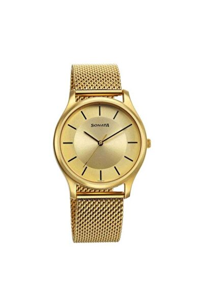 SONATA ساعة رجالية 77082YM09 - مينا بلون الشمبانيا، سوار شبكي من الفولاذ المق...