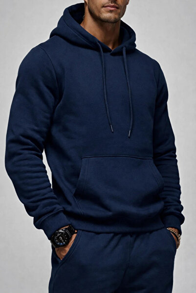 DAMGA JEANS Ανδρικό φούτερ με κουκούλα με τσέπη καγκουρό σε μπλε ναυτικό χρώμα