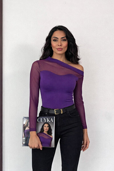 Cuyka Women's Blouse Sandy Fabric One Shoulder Transparent -