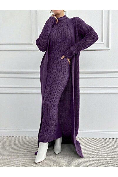 ÖZKURTOĞLU COLLECTİON 2 Piece Women's Chic Vintage Hair Braid Pattern Long Cardigan Sweater Dress Set, Winter Women's Knitwear Suit