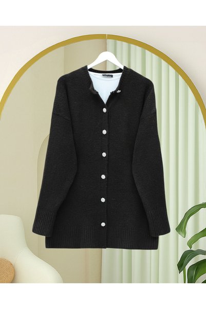 Generic Brand Stoned Buttoned Soft Loose Round Neck Hip Length Knitwear Cardigan - Dark Brown