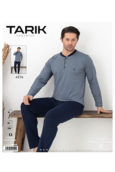 Tarık Mavi jakar desen penye erkek pijama takımı