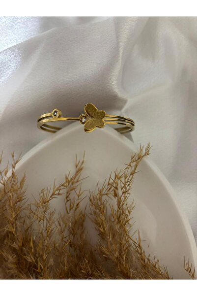 stainless steell Pearlescent & Zircon Stone Detailed Steel Handcuff Bracelet