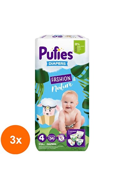 Pufies Set 3 x 54 Scutece Fashion & Nature, Maxi Pack, 4 Maxi, 9-14 kg