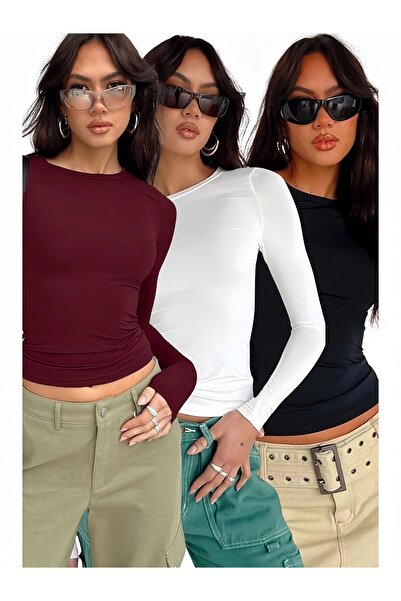 CODER SW 1 Burgundy 1 White 1 Black Circular Neck Basic Long Sleeve Body