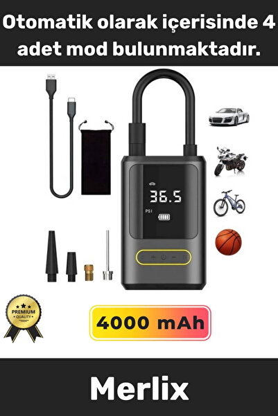 Merlix Premium Kablosuz Araba Araç Mini 4000mAh Powerbank 150 PSI Işıklı Aydı...