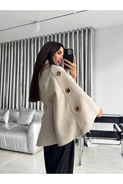 Maison MeDa Kadın Bej Kuş Gözlü Oversize Panço Ceket