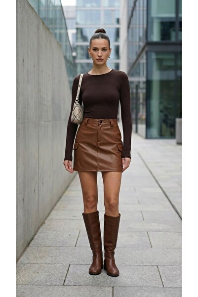 Grenj Fashion Fusta mini Taba buzunar cargo din piele artificială talie înaltă mulat