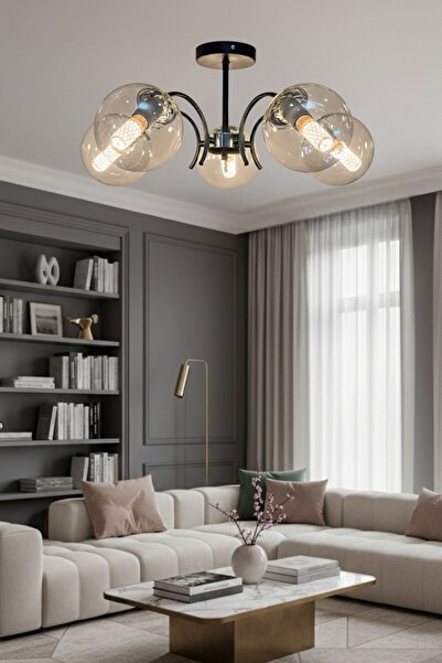 ESSLİGHT LUNA 5 Lİ AVİZE FÜME GLOB CAMLI MODERN DEKORATİF AYDINLATMA SALON MUTFAK YATAK ODASI