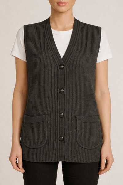 restinatriko Kadın V yaka fitilli triko anne yelek büyük beden cepli rahat kesim