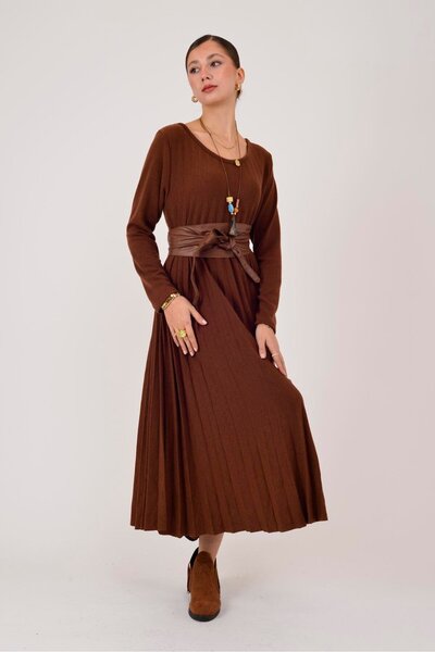 Park Moda 20643 Siena Kolye Detailled Pleated Long Knit Dress