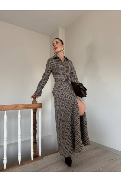 YK FASHION Ekose Bağlamalı Uzun Elbise