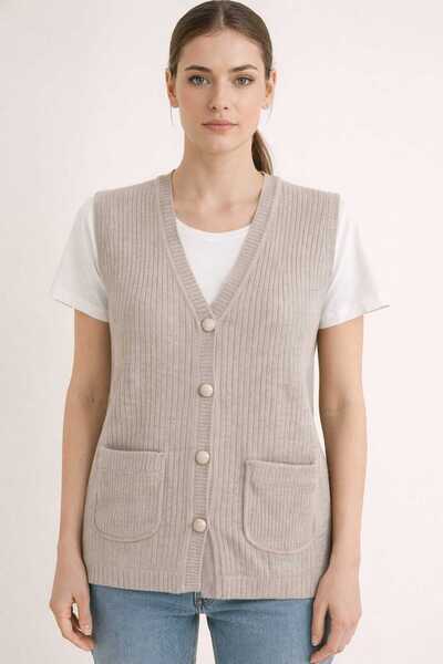 restinatriko Kadın V yaka fitilli triko anne yelek büyük beden cepli rahat kesim