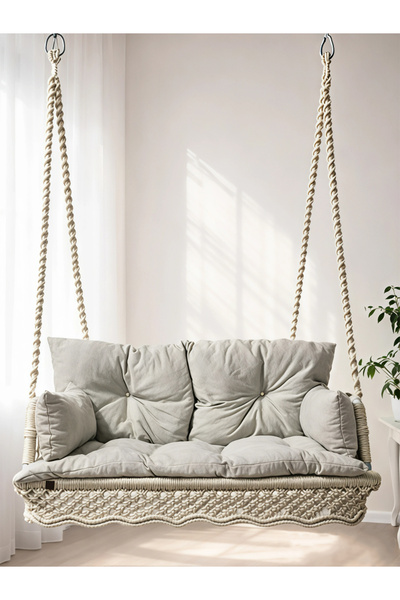 Morvia Çift Kişilik Makrome Salıncak | El Yapımı Krem Renk | Balkon, Bahçe ve Salon Salıncağı